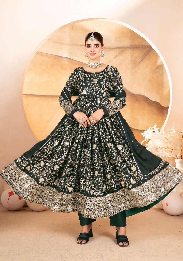 Green Embroidery Georgette Anarkali Set - Indya