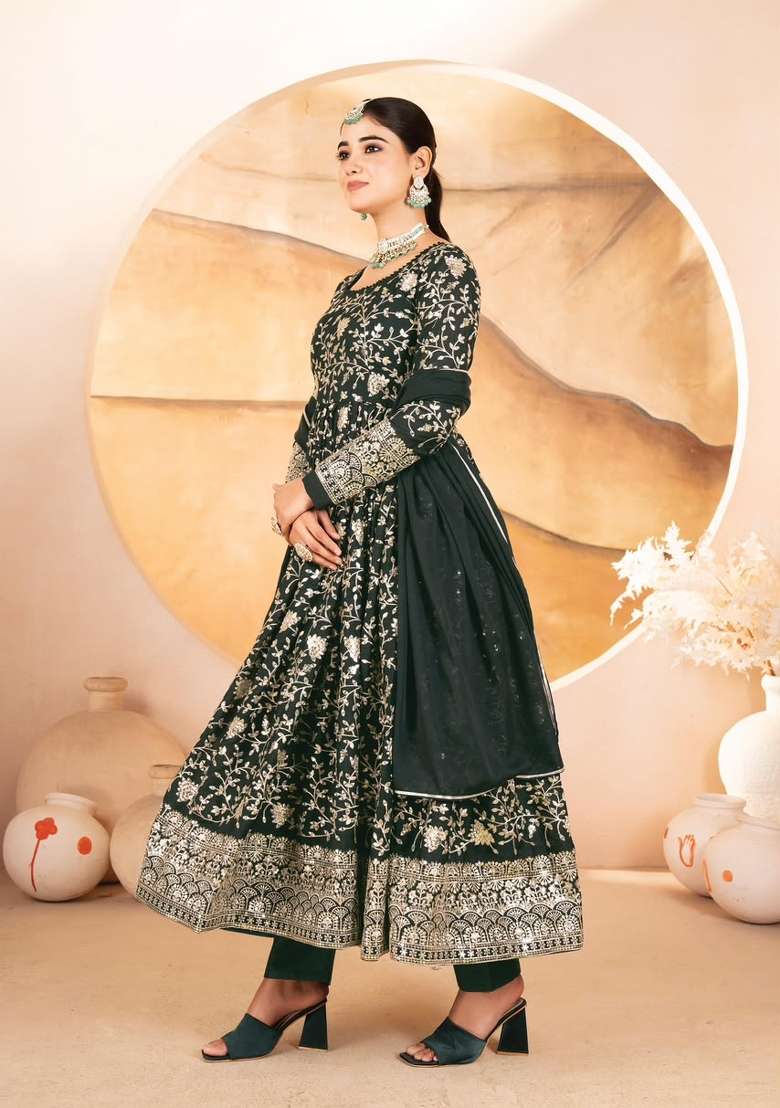 Green Embroidery Georgette Anarkali Set - Indya