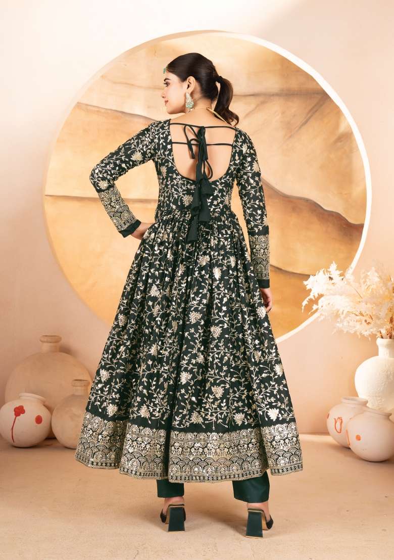 Green Embroidery Georgette Anarkali Set - Indya