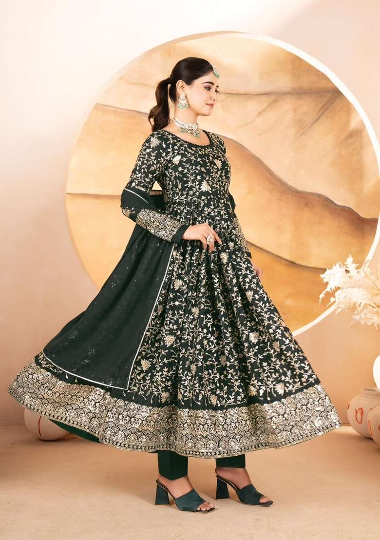 Green Embroidery Georgette Anarkali Set - Indya