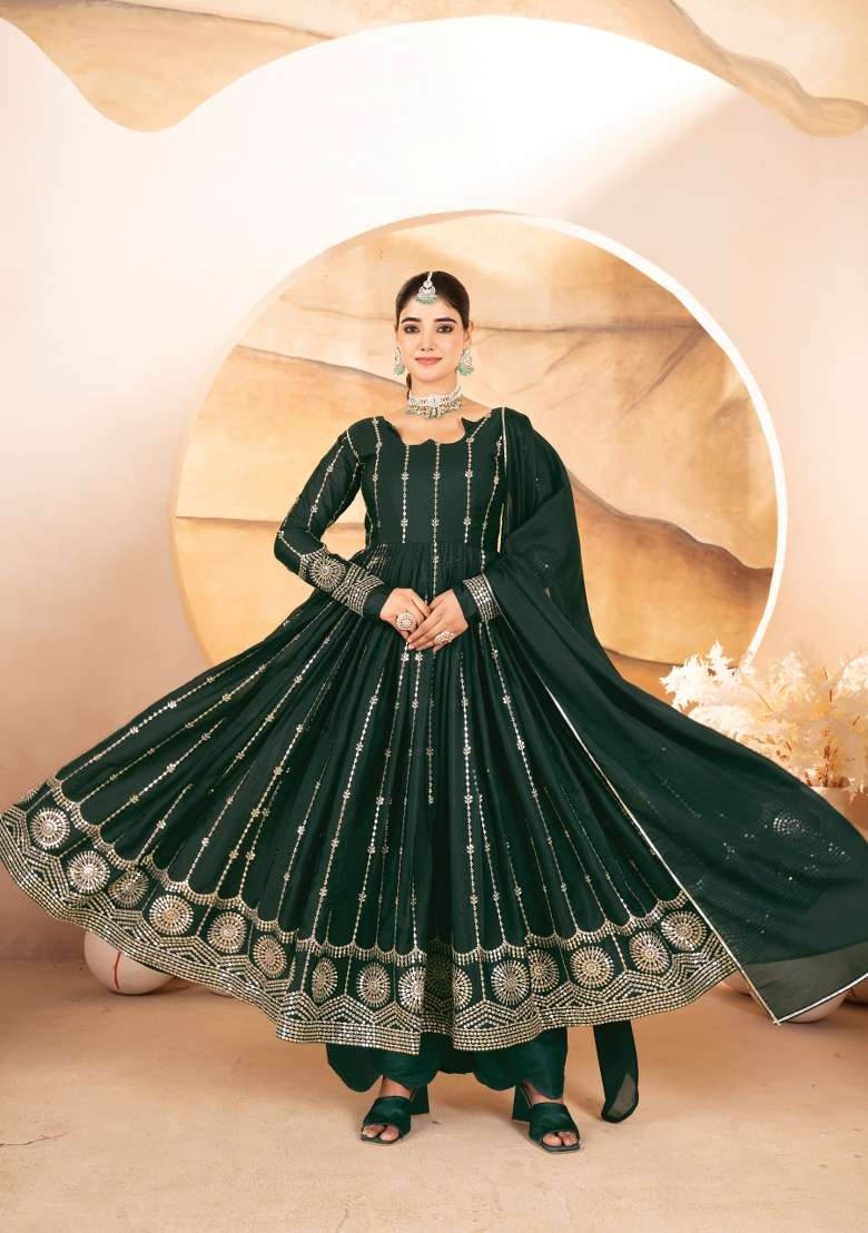 Green Embroidery Georgette Anarkali Set - Indya