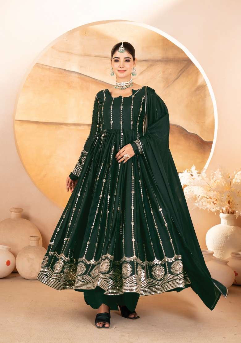 Green Embroidery Georgette Anarkali Set - Indya