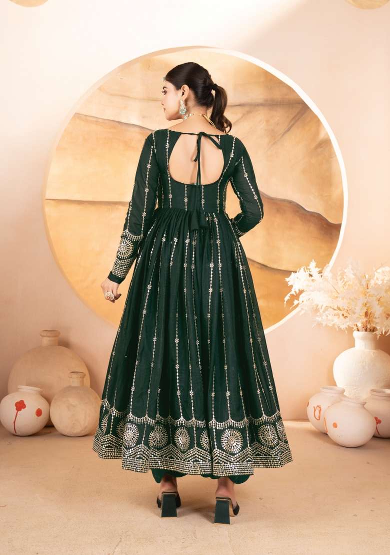 Green Embroidery Georgette Anarkali Set - Indya