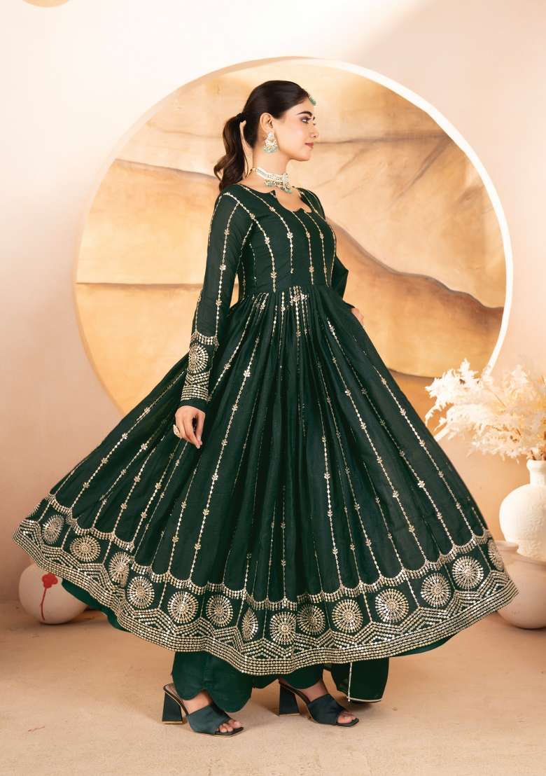 Green Embroidery Georgette Anarkali Set - Indya
