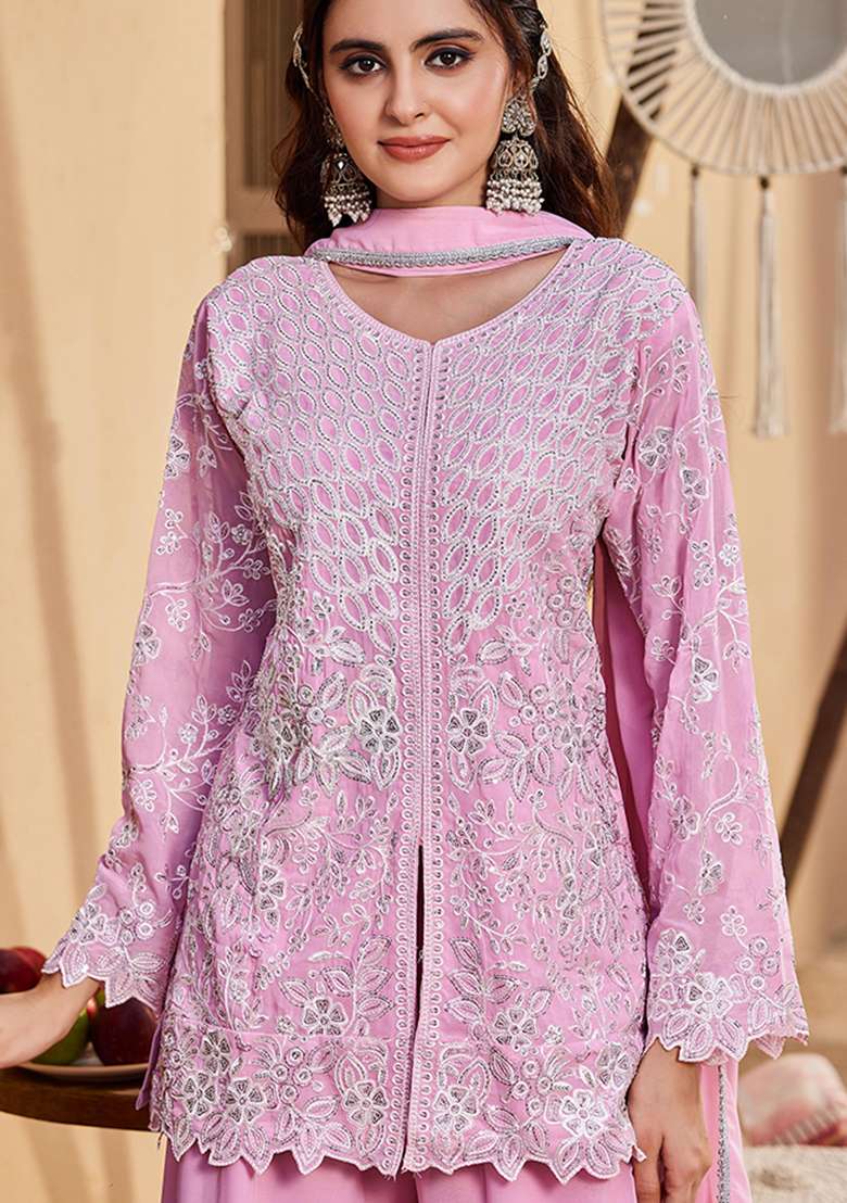 Pink Embroidery Georgette Kurta Set - Indya