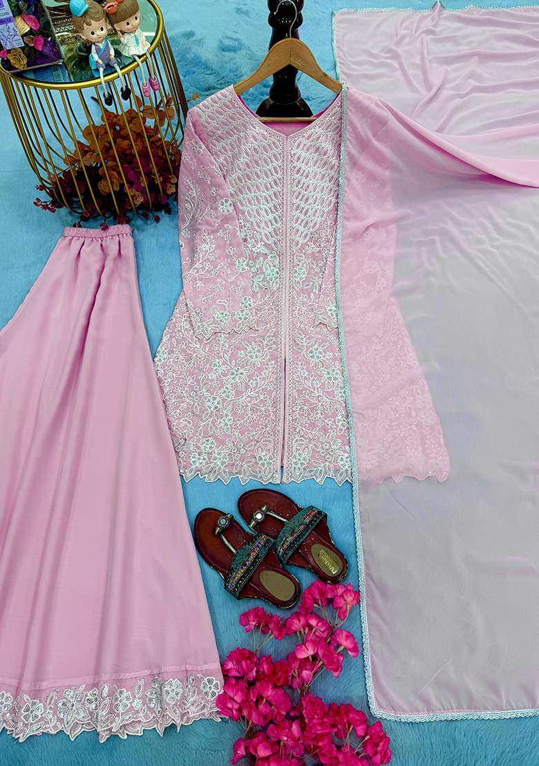 Pink Embroidery Georgette Kurta Set - Indya
