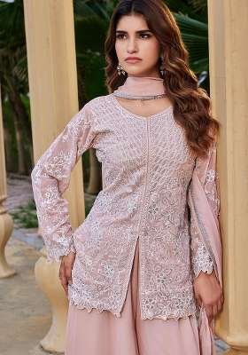 Peach Embroidery Georgette Kurta Set