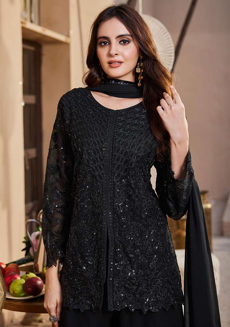 Black Embroidery Georgette Kurta Set - Indya