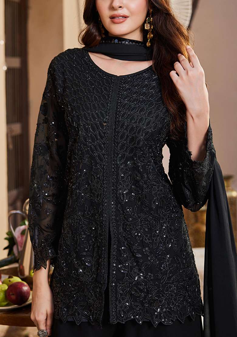 Black Embroidery Georgette Kurta Set - Indya