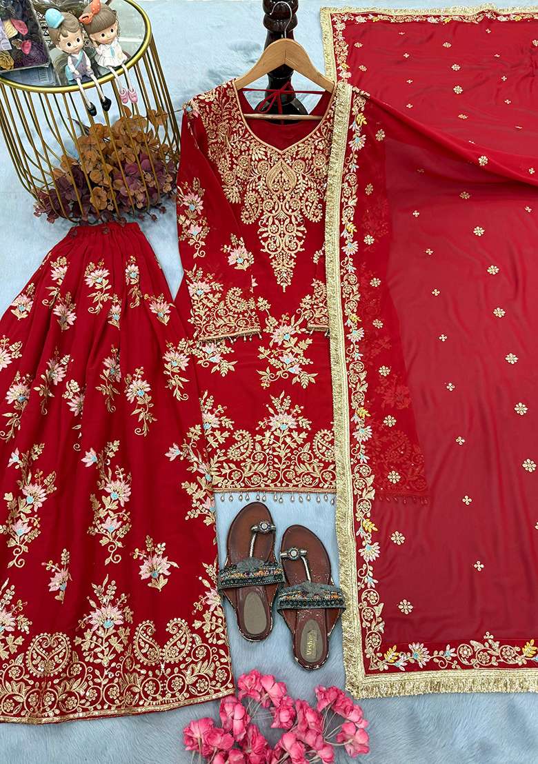 Red Embroidery Georgette Kurta Set - Indya