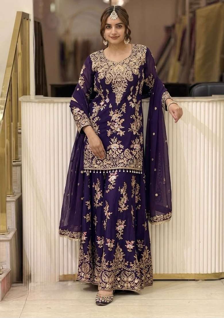 Violet Embroidery Georgette Kurta Set - Indya