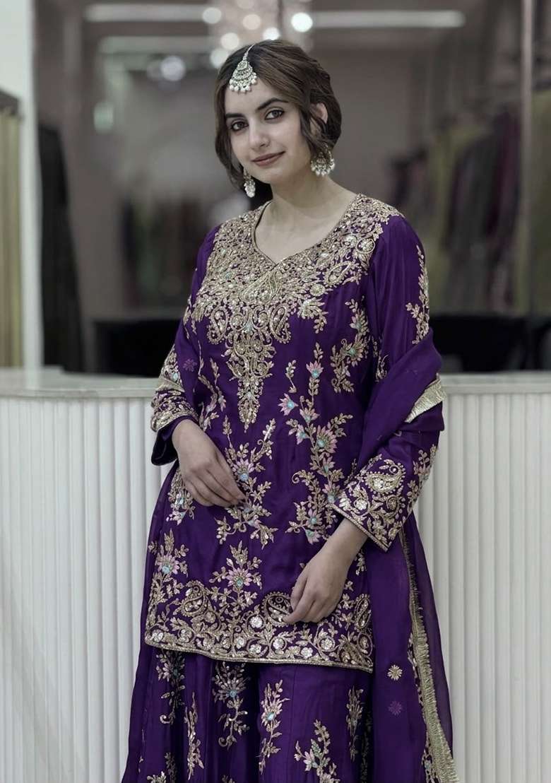 Violet Embroidery Georgette Kurta Set - Indya