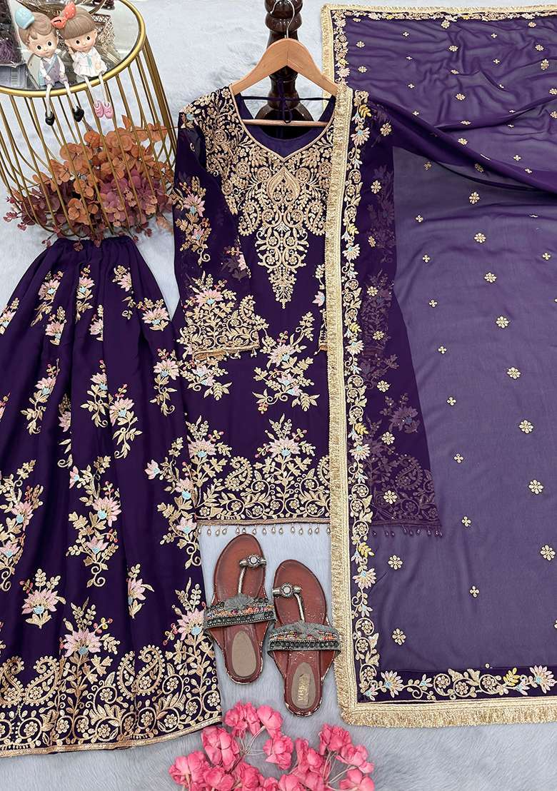 Violet Embroidery Georgette Kurta Set - Indya