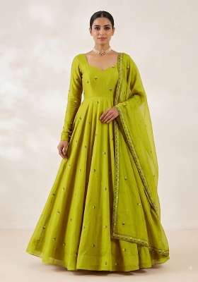 Olive Green Embroidered Silk Blend Kurta Set