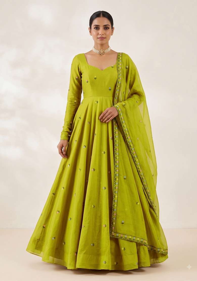 Olive Green Embroidered Silk Blend Kurta Set - Indya