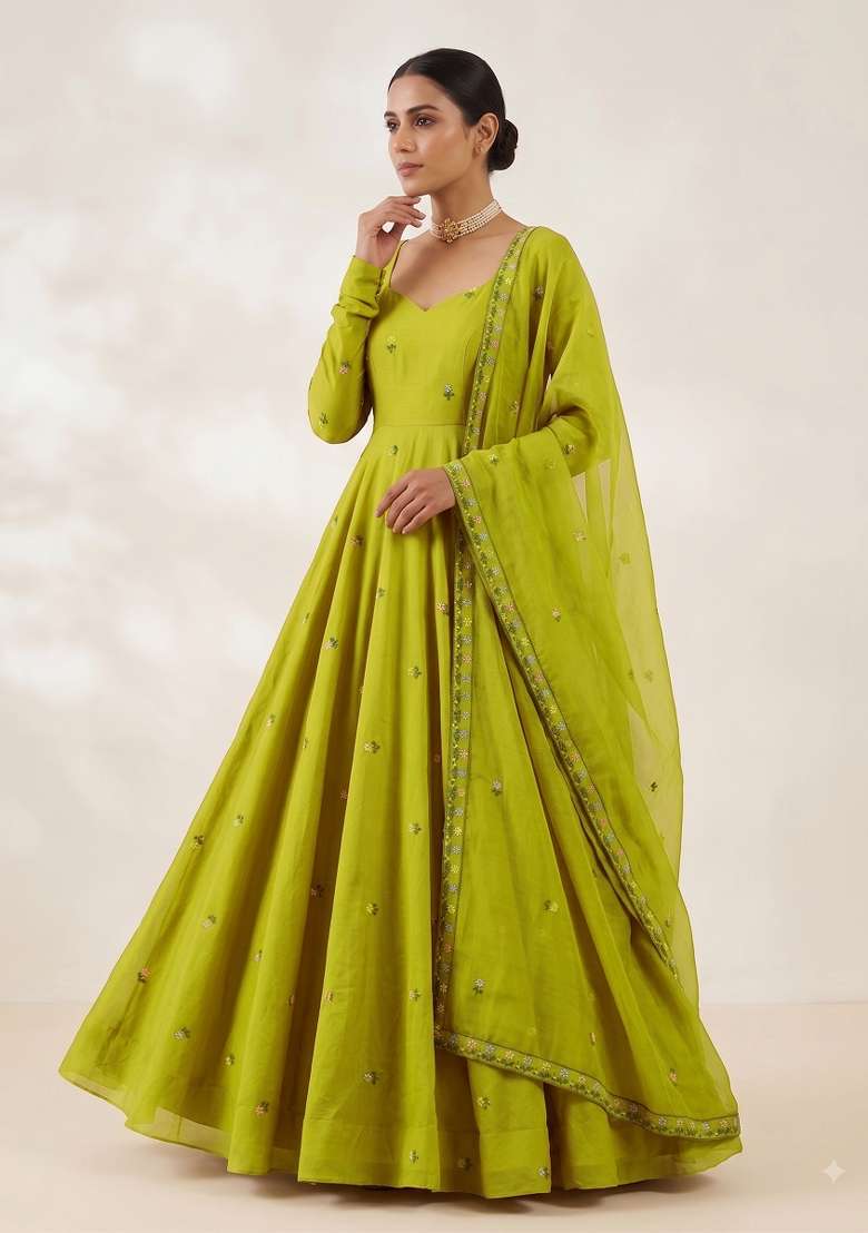 Olive Green Embroidered Silk Blend Kurta Set - Indya