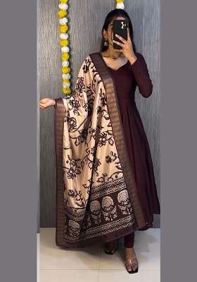 Chocolate Brown Woven Silk Blend Kurta Set