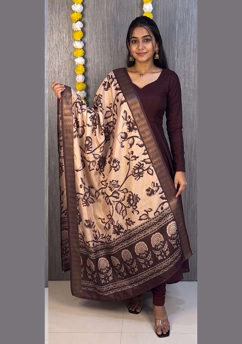 Chocolate Brown Woven Silk Blend Kurta Set - Indya