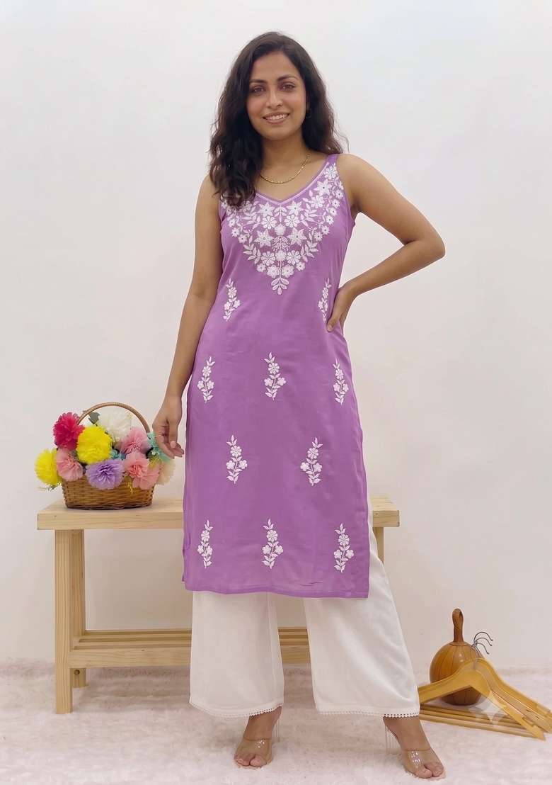 Lavender Embroidered Rayon Kurta Set - Indya