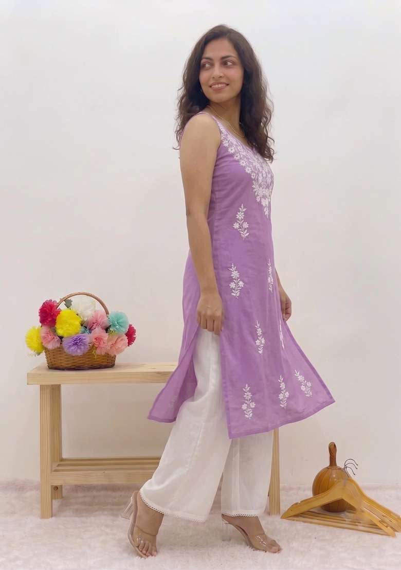 Lavender Embroidered Rayon Kurta Set - Indya
