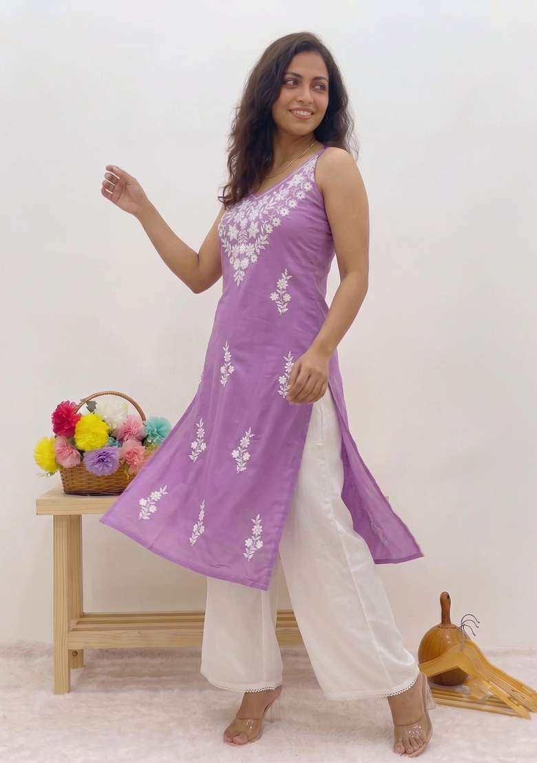 Lavender Embroidered Rayon Kurta Set - Indya