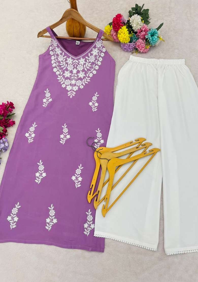 Lavender Embroidered Rayon Kurta Set - Indya