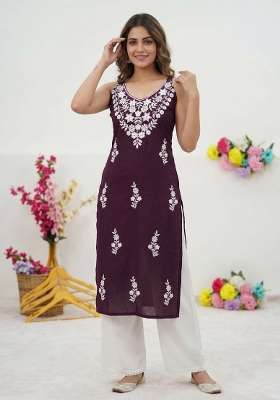 Wine Embroidered Rayon Kurta Set