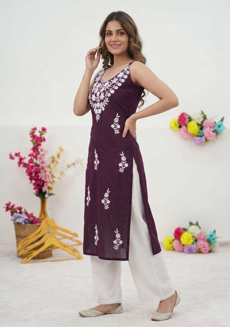 Wine Embroidered Rayon Kurta Set - Indya