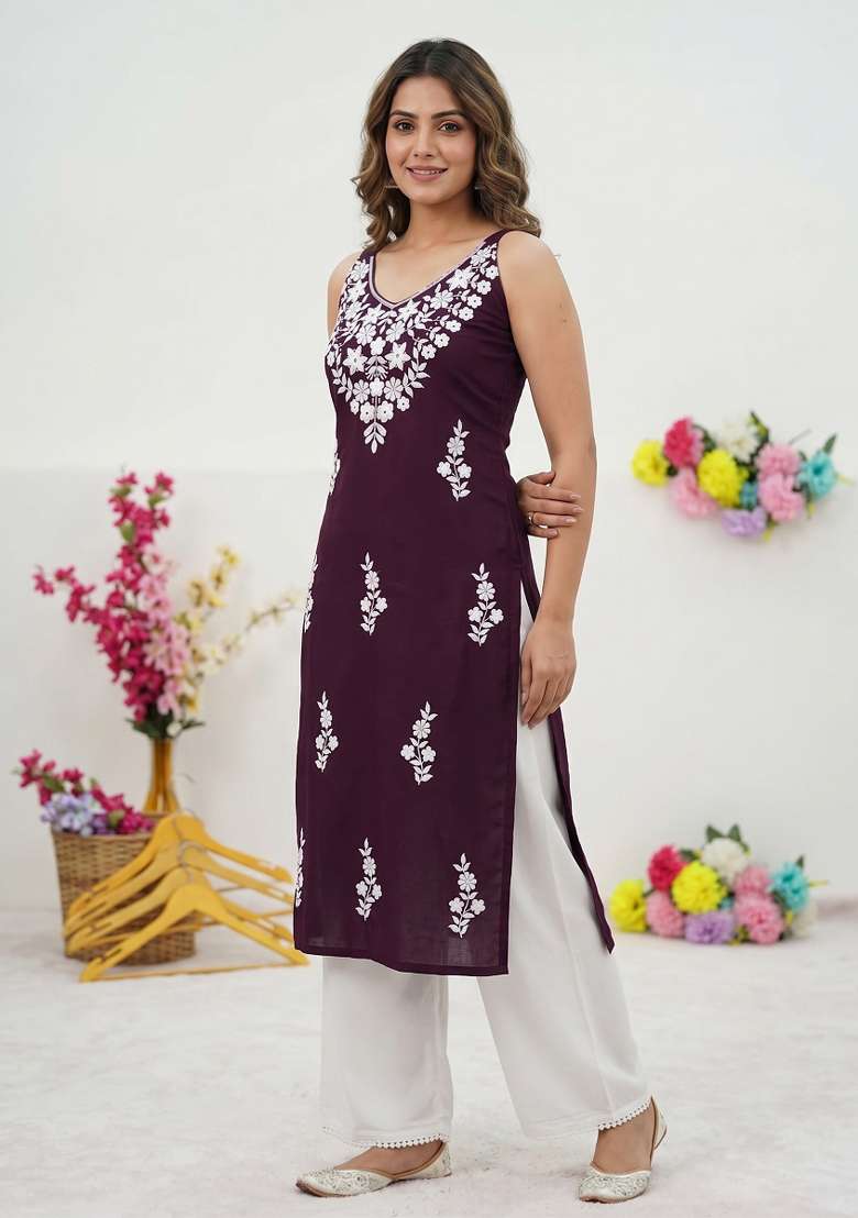 Wine Embroidered Rayon Kurta Set - Indya