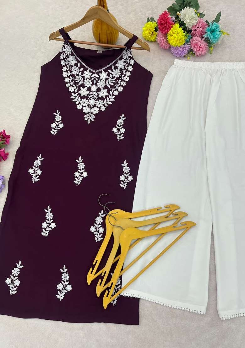 Wine Embroidered Rayon Kurta Set - Indya