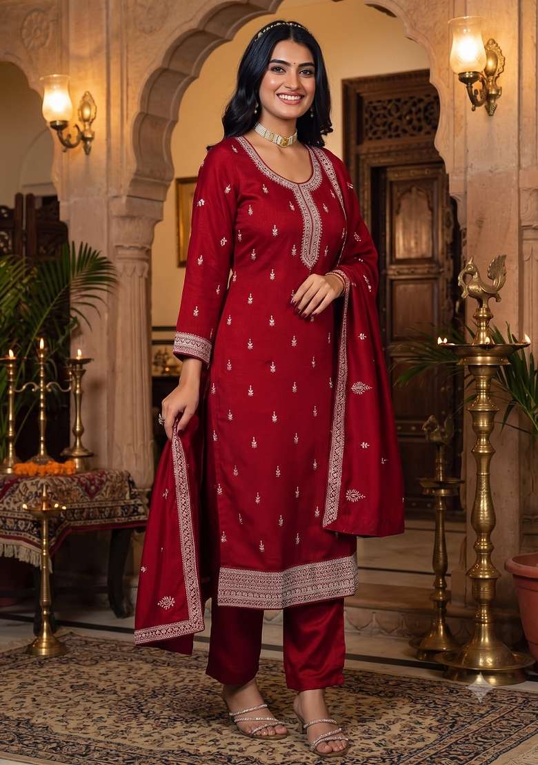 Red Embroidered Silk Blend Kurta Set - Indya