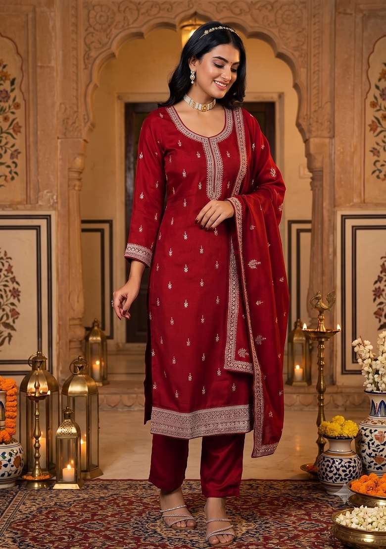 Red Embroidered Silk Blend Kurta Set - Indya