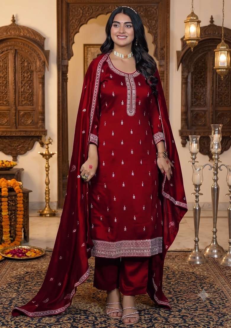 Red Embroidered Silk Blend Kurta Set - Indya