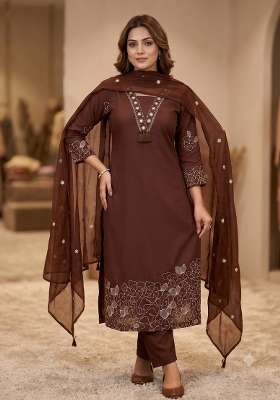 Brown Embroidered Silk Blend Kurta Set