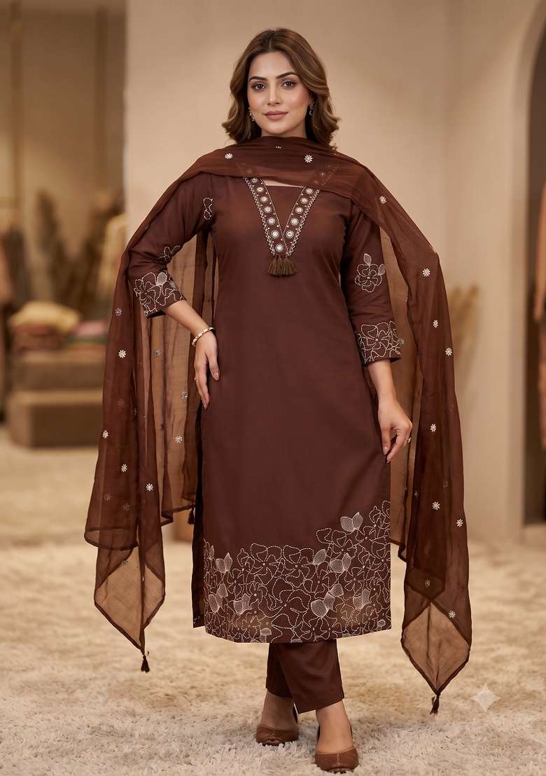 Brown Embroidered Silk Blend Kurta Set - Indya