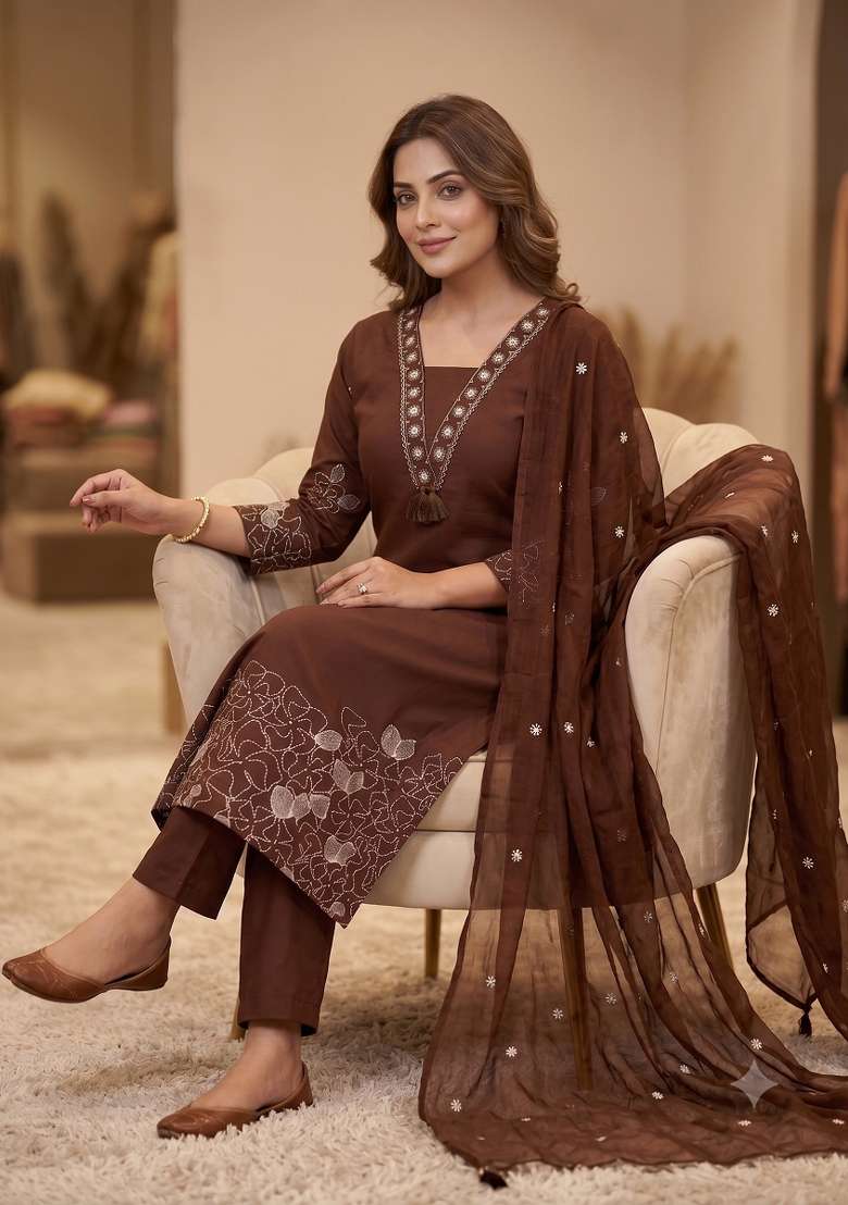 Brown Embroidered Silk Blend Kurta Set - Indya
