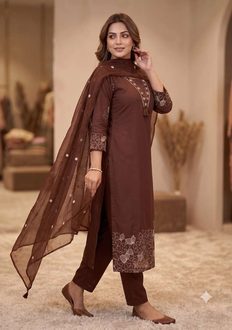 Brown Embroidered Silk Blend Kurta Set - Indya