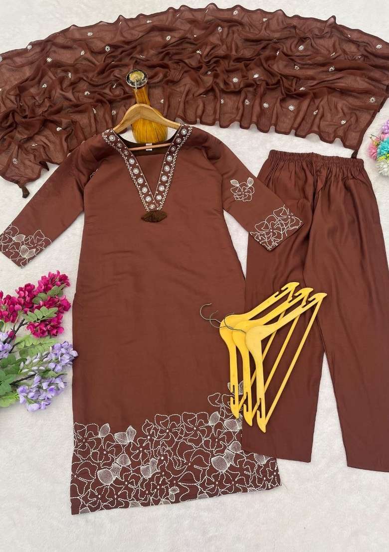 Brown Embroidered Silk Blend Kurta Set - Indya