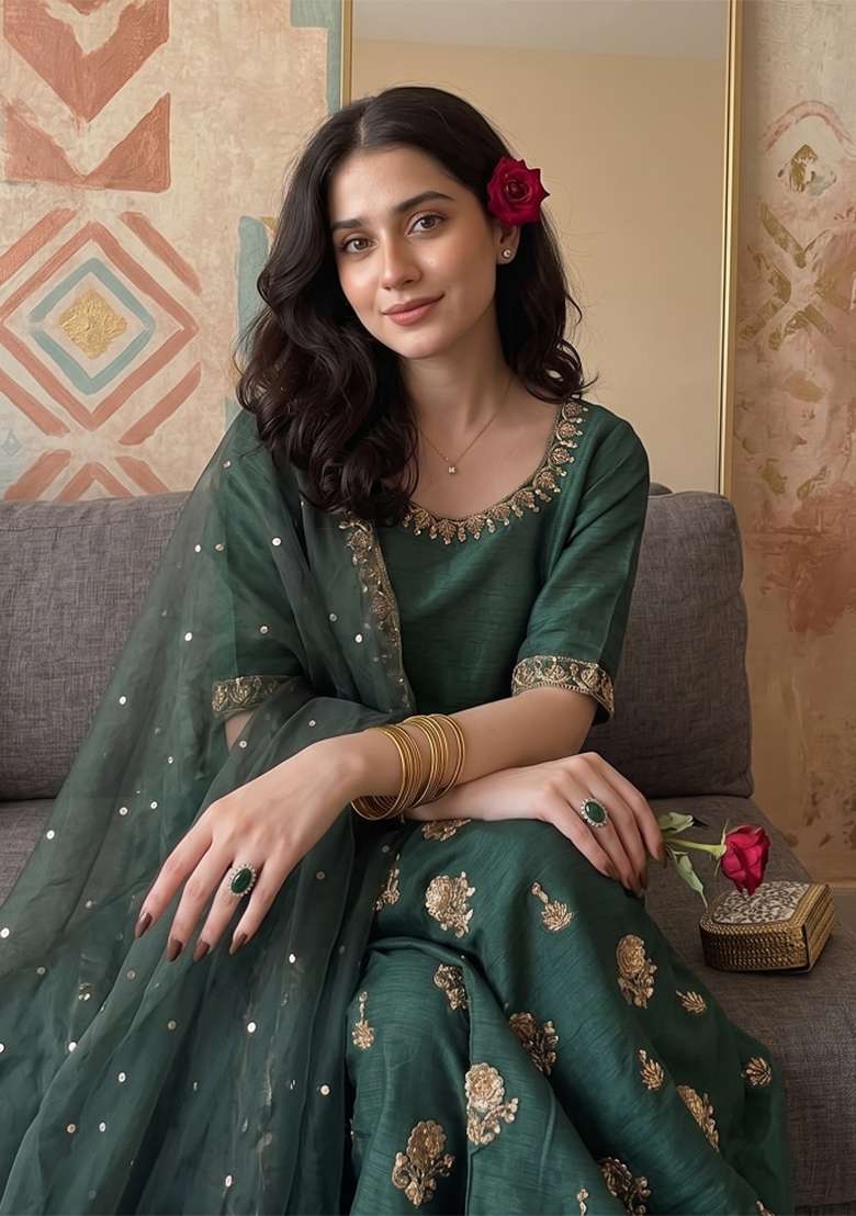 Green Embroidered Silk Blend Kurta Set - Indya