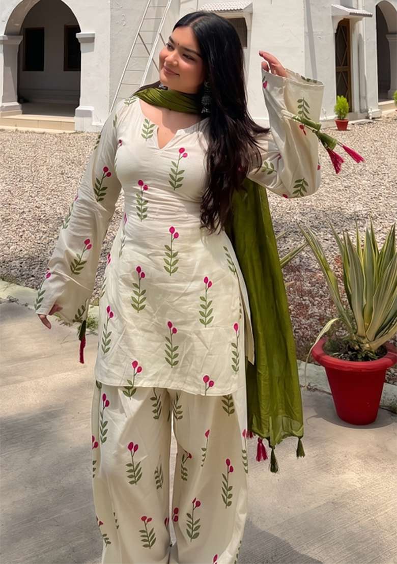 Beige Printed Cotton Kurta Set - Indya