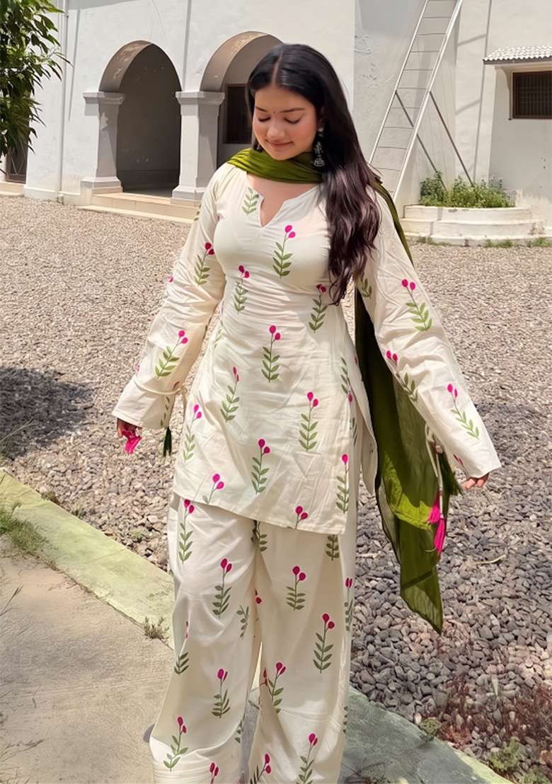 Beige Printed Cotton Kurta Set - Indya