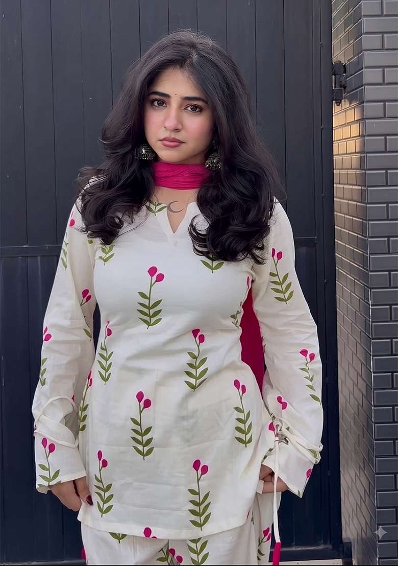 Beige Printed Cotton Kurta Set - Indya