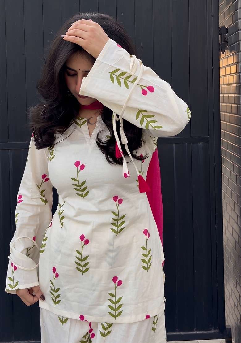 Beige Printed Cotton Kurta Set - Indya