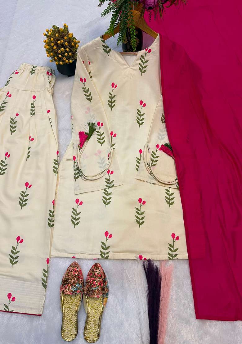 Beige Printed Cotton Kurta Set - Indya