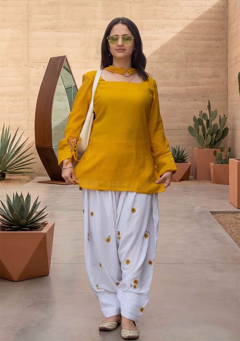 Mustard Printed Cotton Kurta Set - Indya