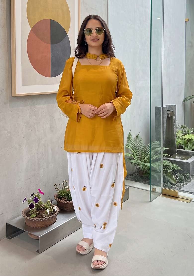 Mustard Printed Cotton Kurta Set - Indya