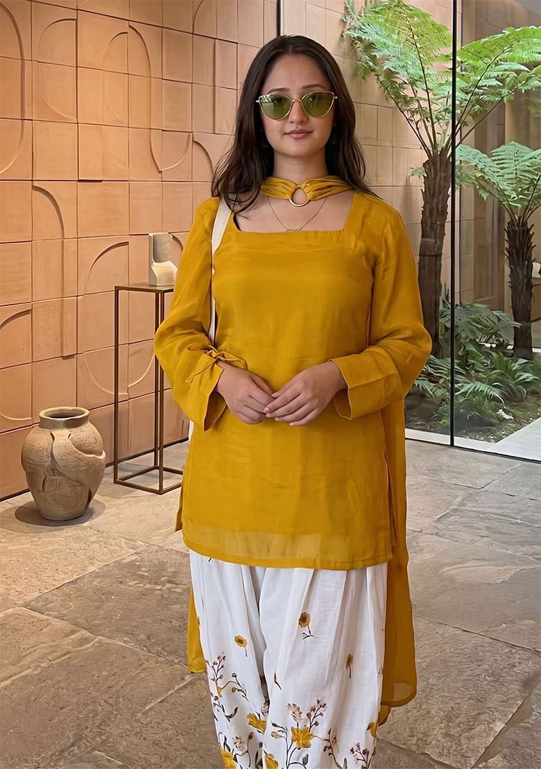 Mustard Printed Cotton Kurta Set - Indya