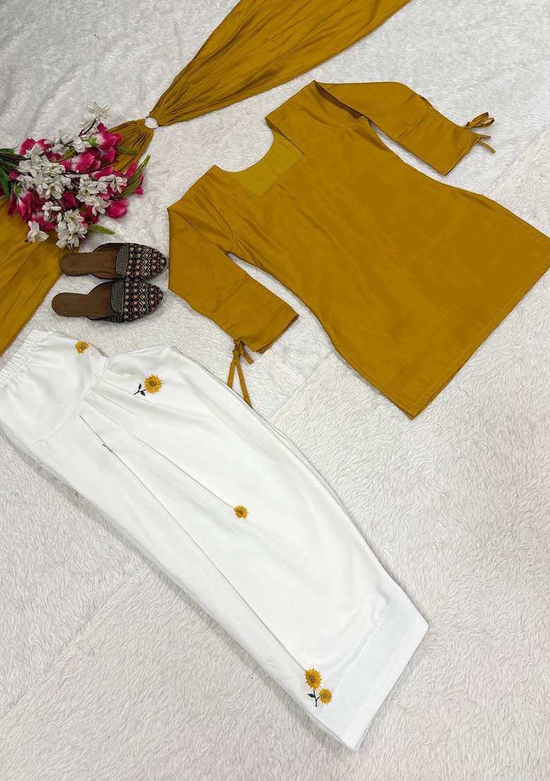 Mustard Printed Cotton Kurta Set - Indya