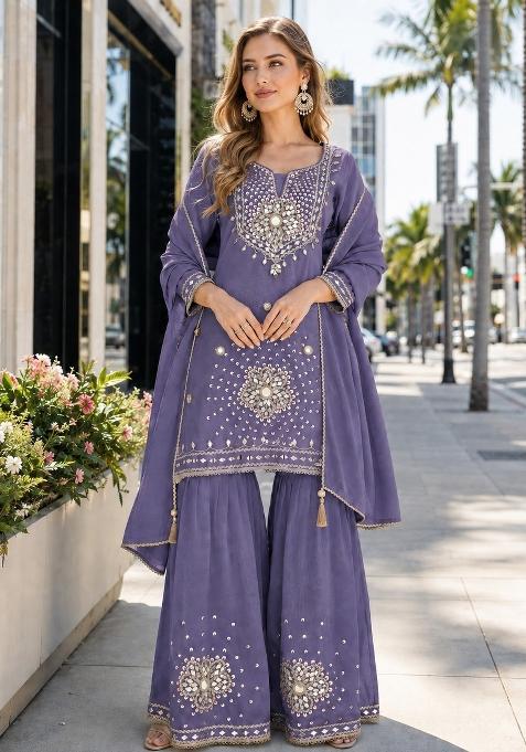 Lavender Mirror Work Silk Blend Kurta Set