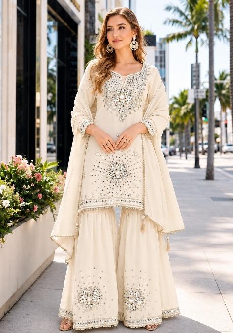 White Mirror Work Silk Blend Kurta Set